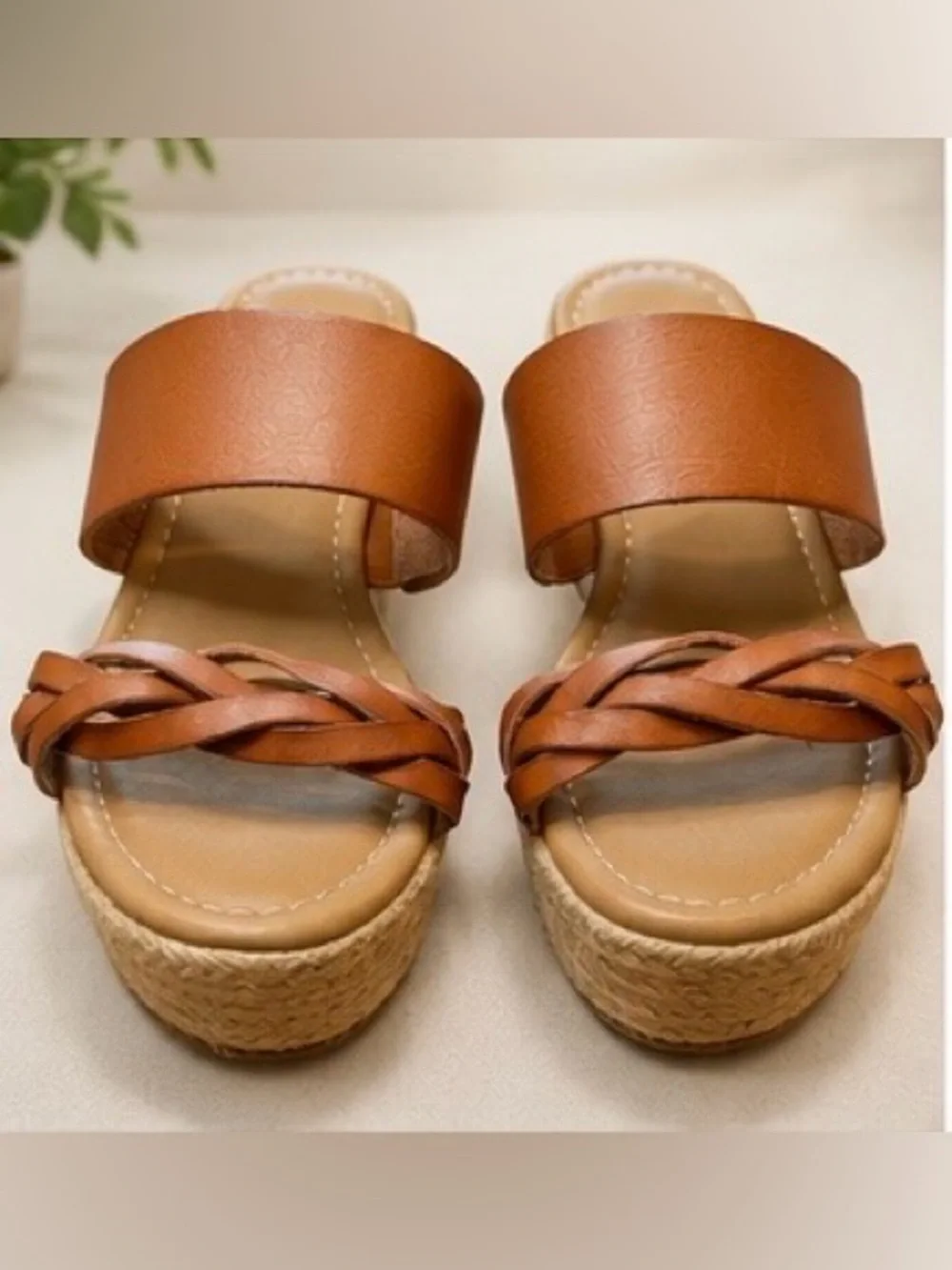 Lane Bryant 8W Wide Width Cognac Brown Espadrille Wedge Slide Sandals